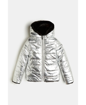 image of Big Girls Reversible Shiny Metallic Slick Look Quilted Nylon Puffer Jacket