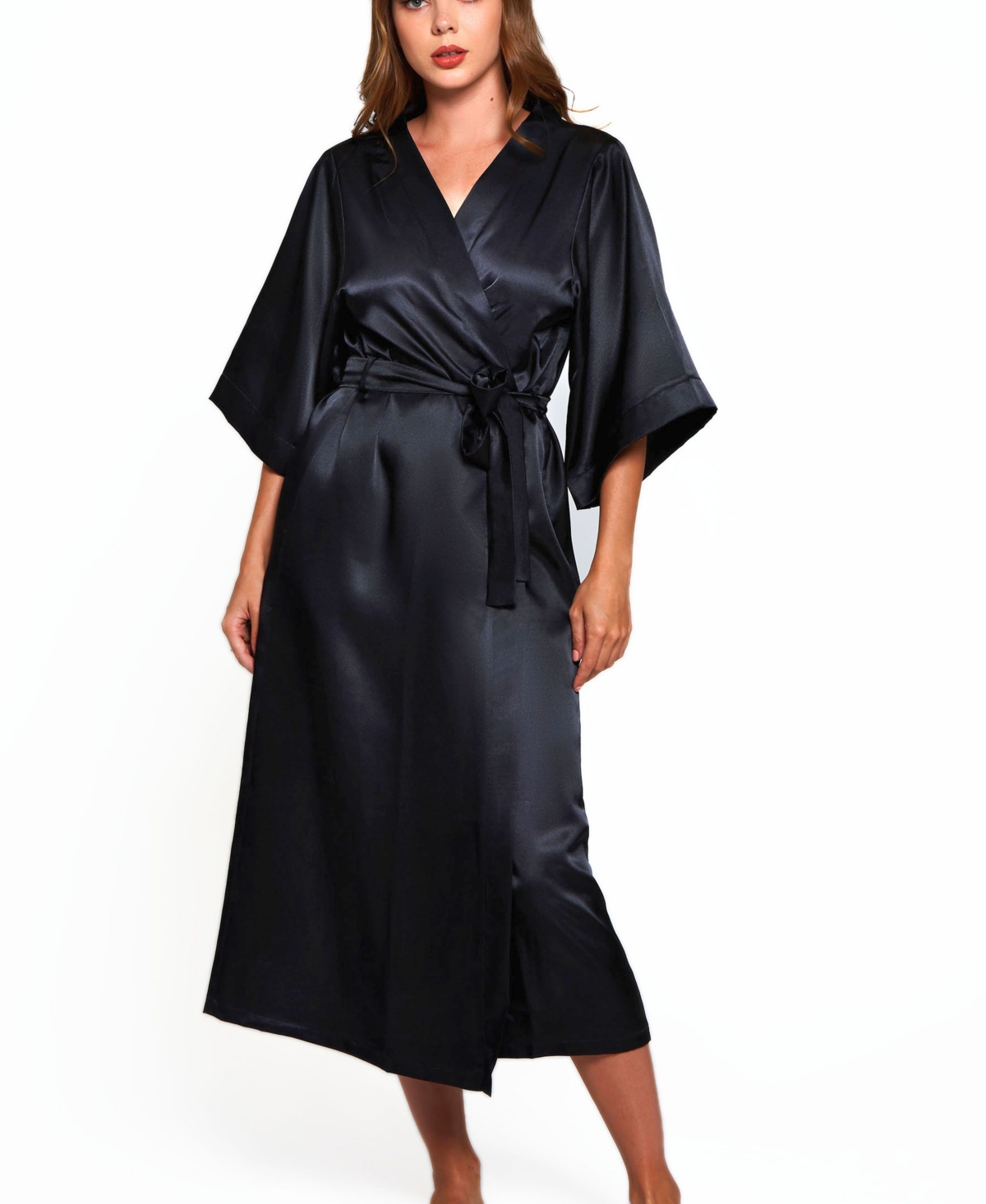 Women's Victoria Satin 3/4 Sleeve Long Robe - Blue