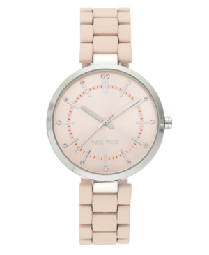 image of Nine West Women-s Glitter Accented Silver-Tone and Pink Rubberized Bracelet Watch, 36mm
