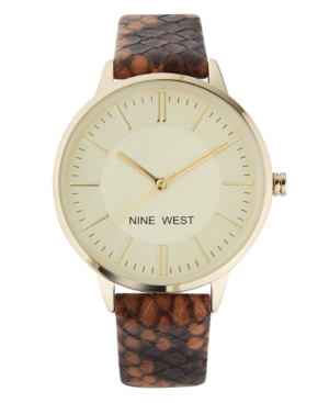 image of Nine West Women-s Gold-Tone and Brown Snake Patterned Strap Watch, 37mm
