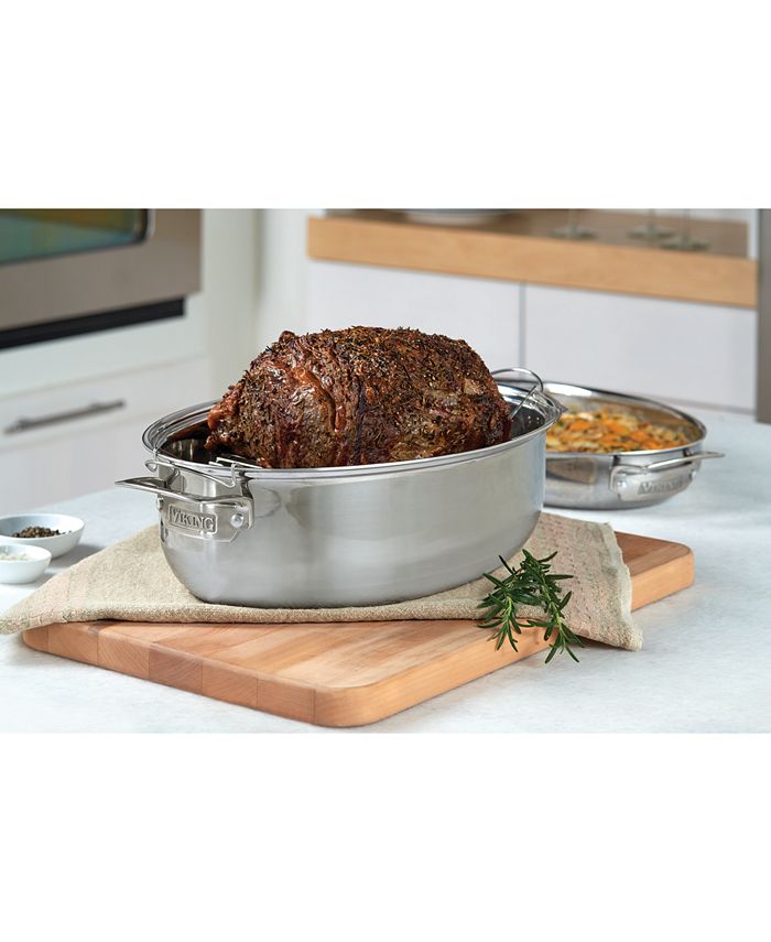 Viking 3-Ply Stainless Steel Oval Roaster with Metal Induction Lid and Rack Renewed 8.5 Quart 