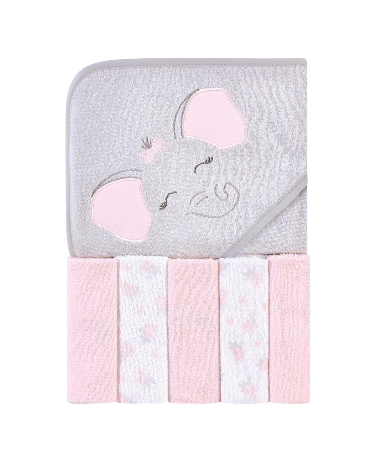 Hudson Baby Girls Hooded Towel and Five Washcloths - Pink elephant