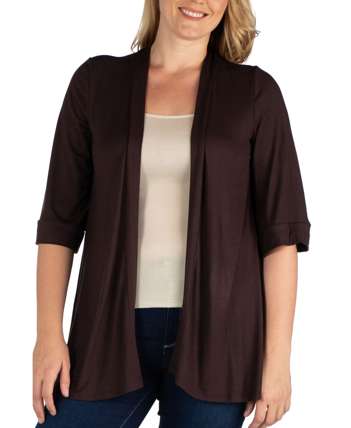 24seven Comfort Apparel Plus Size Elbow Length Open Front Cardigan Sweater