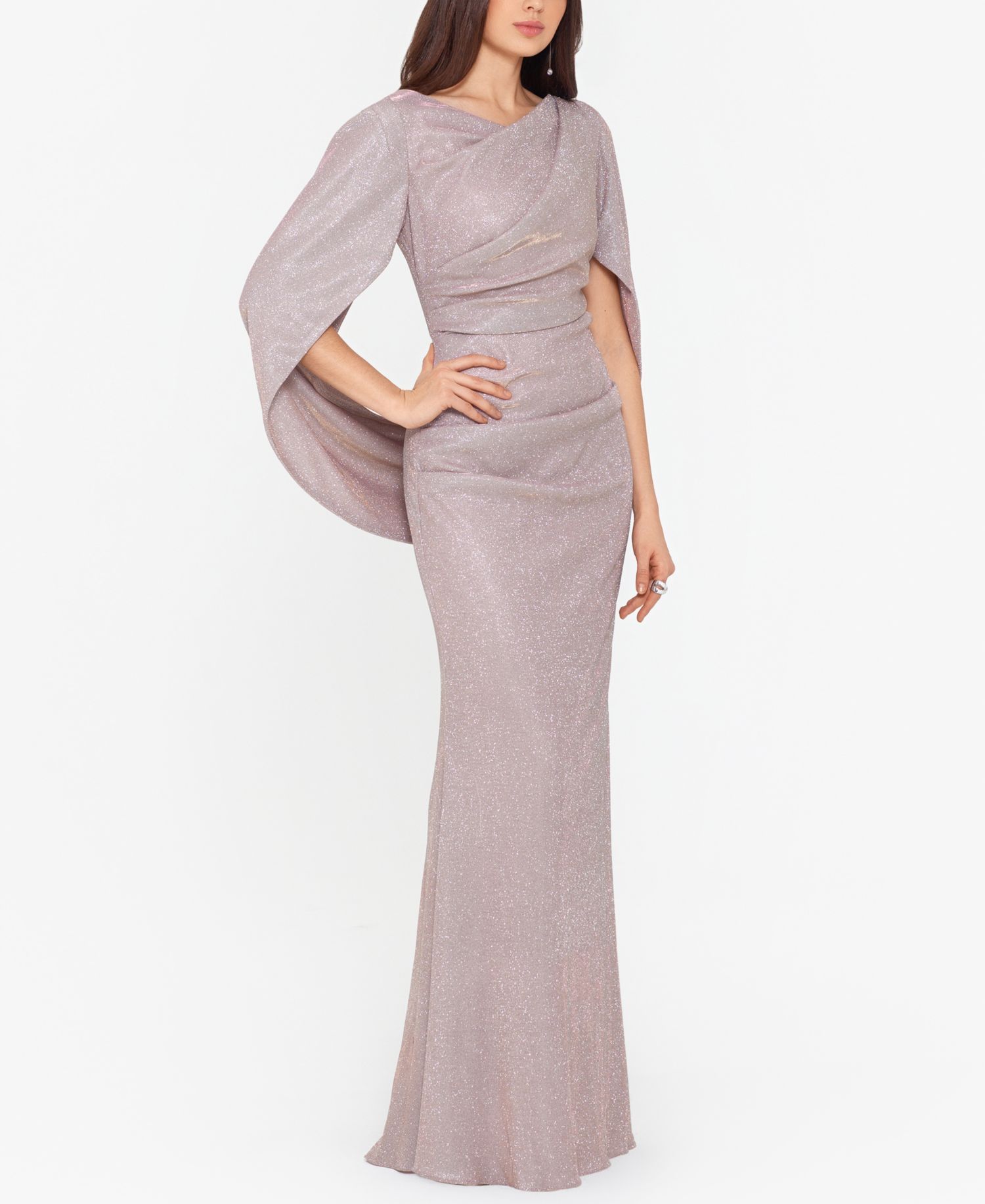 Women's Glitter Drape-Back Cape Gown