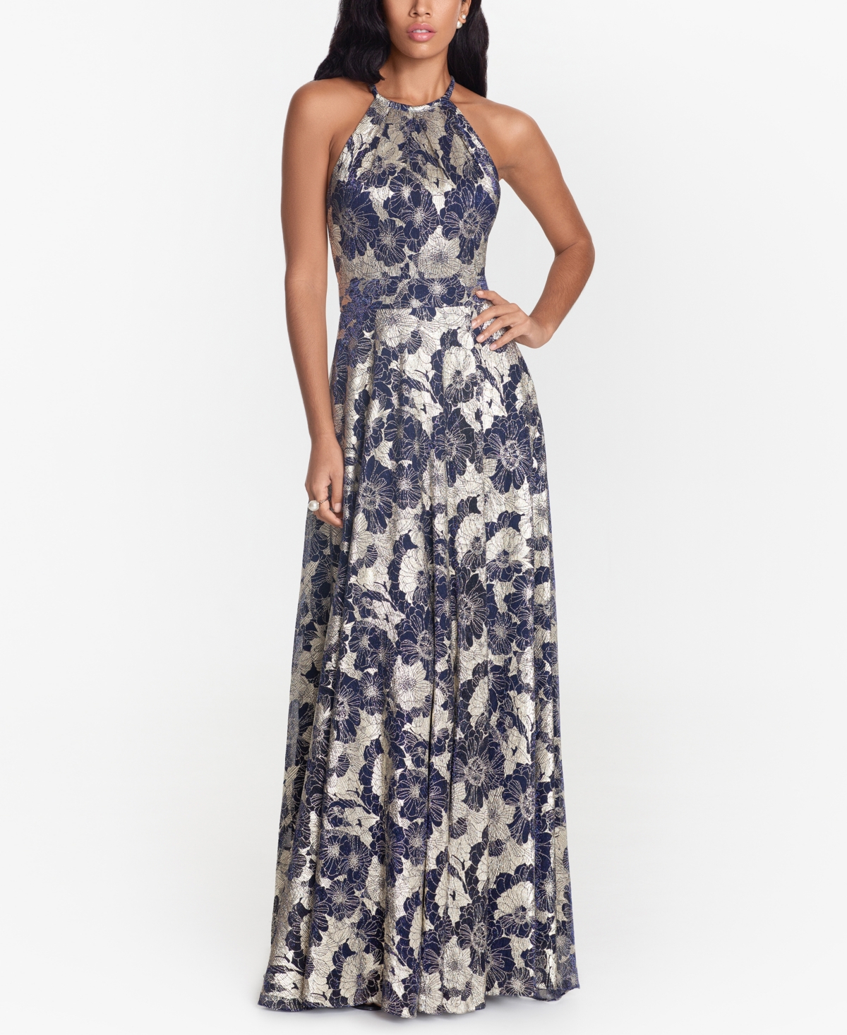 Betsy & Adam Metallic Floral Halter Gown In Navy,gold Floral