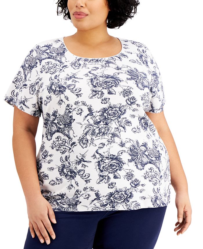 Karen Scott Plus Size Toile Floral-Print Top, Created for Macy's - Macy's