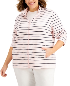 Karen Scott Plus Size Striped Zippered Sweatshirt Created for Macy's