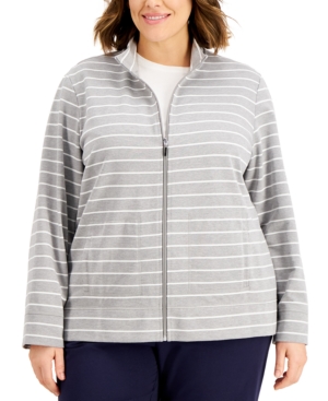 Karen Scott Plus Size Striped Zippered Sweatshirt Created for Macy's