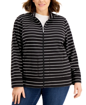 Karen Scott Plus Size Striped Zippered Sweatshirt Created for Macy's