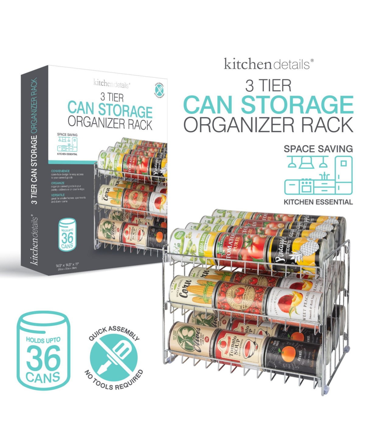 Kitchen Details 3 Tier Can Storage Organizer Rack In Chrome