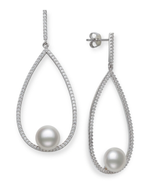 image of Cultured Freshwater Pearl 9-10mm and Cubic Zirconia Drop Earrings in Sterling Silver