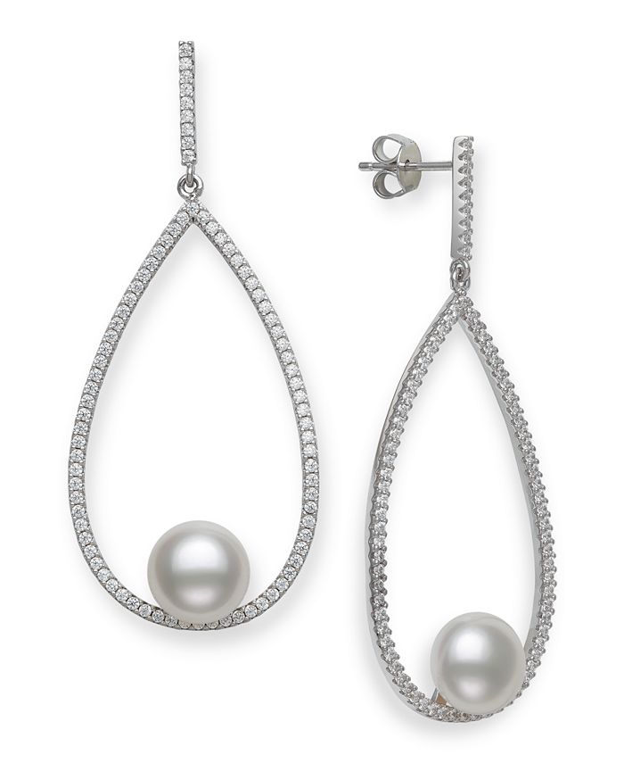 Macy's - Cultured Freshwater Pearl 9-10mm and Cubic Zirconia Drop Earrings in Sterling Silver