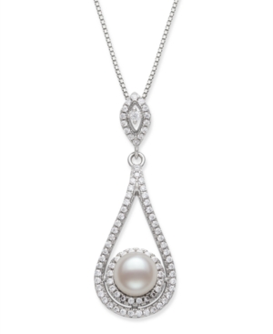 image of Cultured Freshwater Pearl 6.5-7mm and Cubic Zirconia Drop Pendant in Sterling Silver with 18
