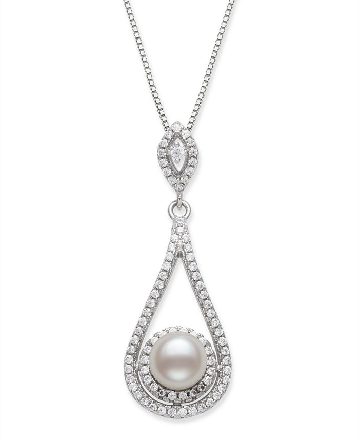 Macy's - Cultured Freshwater Pearl 6.5-7mm and Cubic Zirconia Drop Pendant in Sterling Silver with 18" Chain
