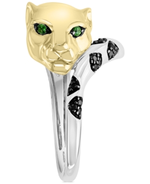 image of Effy Black Diamond (1/20 ct. t.w.) & Tsavorite Panther Head Bypass Ring in Sterling Silver & 14k Gold-Plate