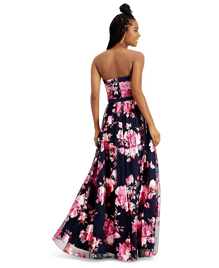 Teeze Me Juniors' Strapless Foil Floral-Print Gown - Macy's