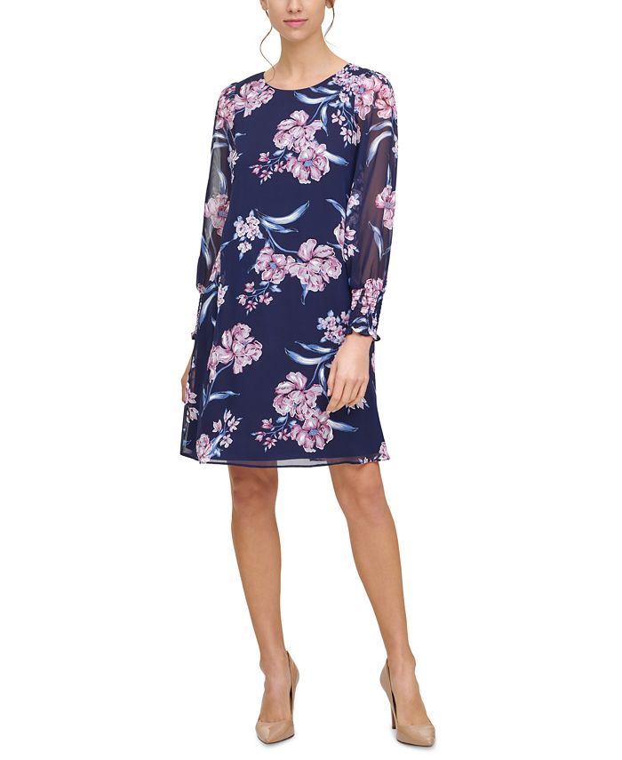 Jessica Howard Floral-Print Smocked-Cuff A-Line Dress - Macy's
