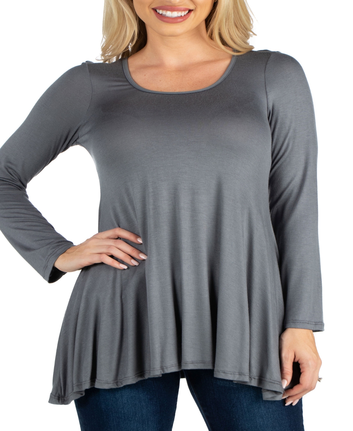 Long Sleeve Solid Color Swing Style Flared Tunic Top - Charcoal
