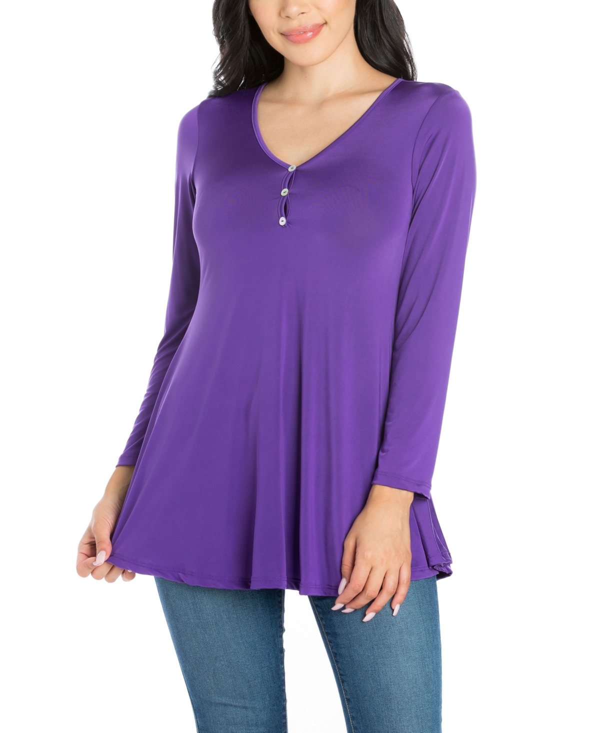 Women's Flared Long Sleeve Henley Tunic Top - Purple