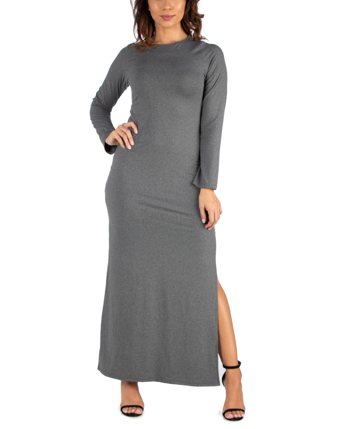 Women's Long Sleeve Side Slit Fitted Maxi Dress - Gray