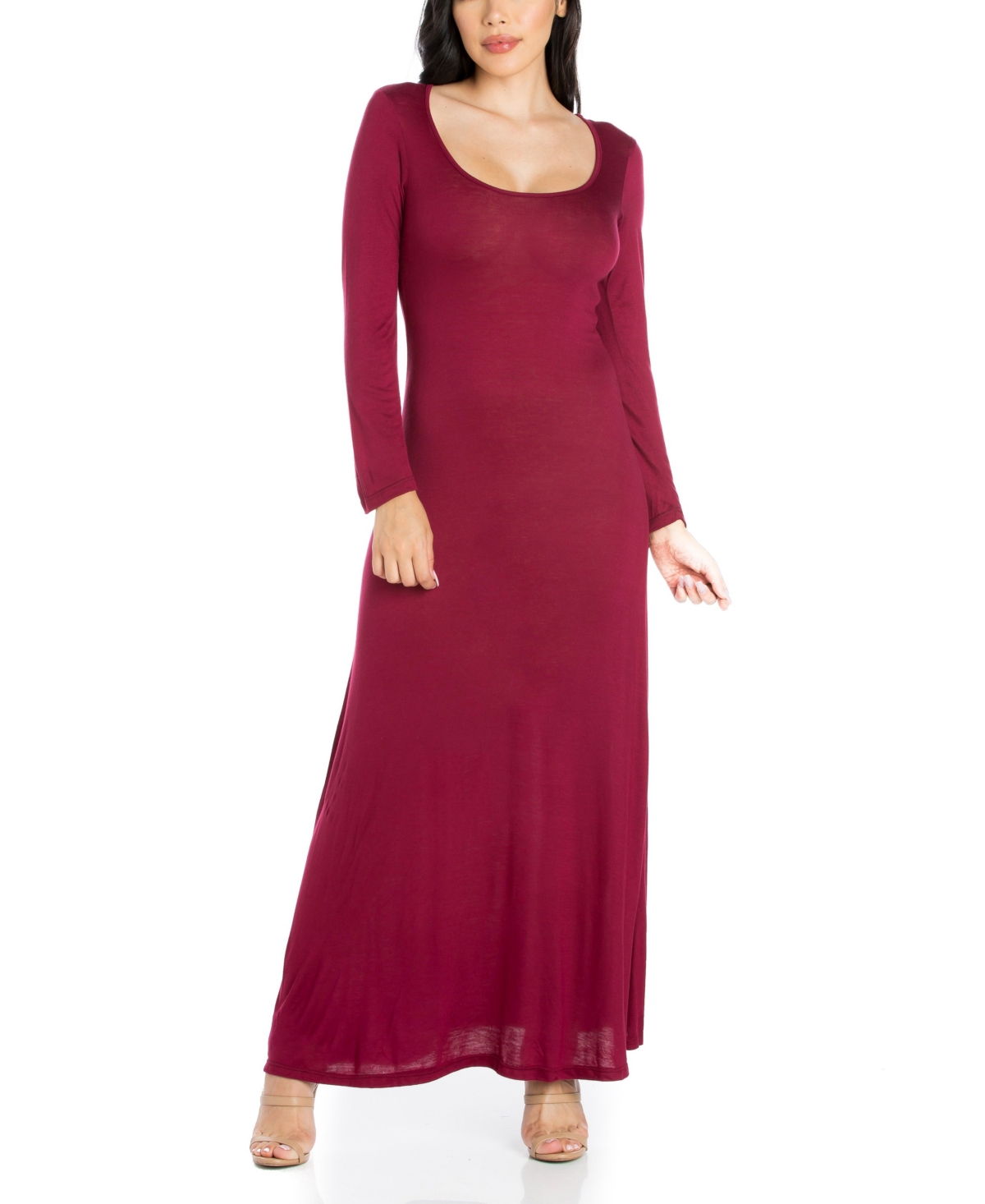 24seven Comfort Apparel Women's Long Sleeve T-shirt Maxi Dress In Wine