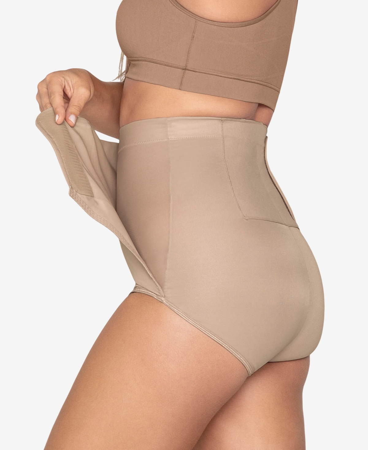 Women's High-Waisted Firm Compression Postpartum Panty with Adjustable Belly Wrap - Light Beige