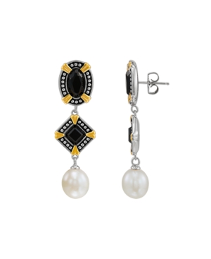 image of Cultured Freshwater Pearl (9-9.5mm) with Onyx Drop Earrings in 14k Gold Over Silver