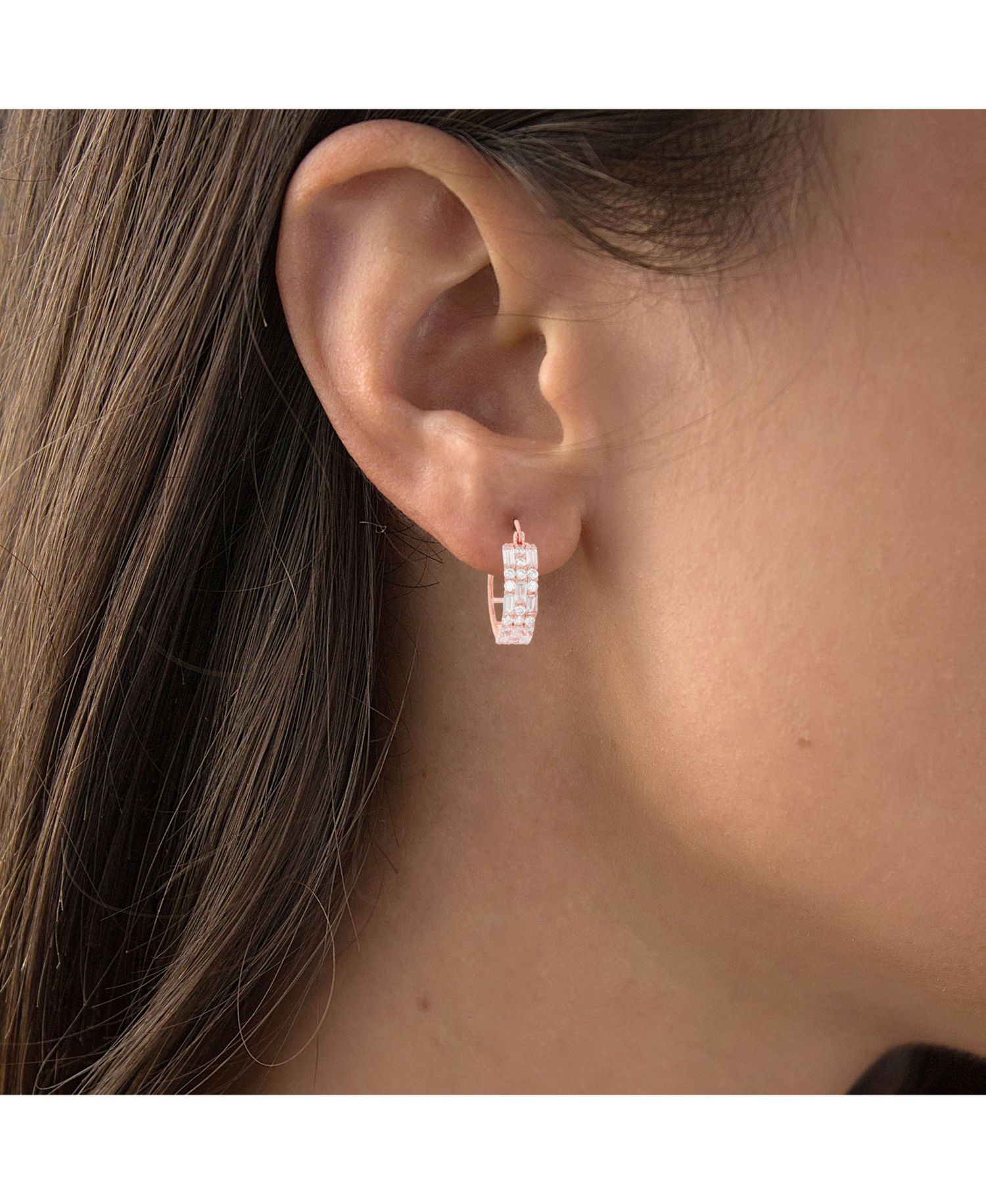 Cubic Zirconia 14K Rose Gold Round and Baguette Hoop Earrings (Also in 14k Gold Over Silver or 14k Rose Gold Over Silver)