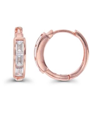 Cubic Zirconia Baguette Cut Huggie Earrings in Sterling Silver (Also in 14k Gold Over Silver or 14k Rose Gold Over Silver)