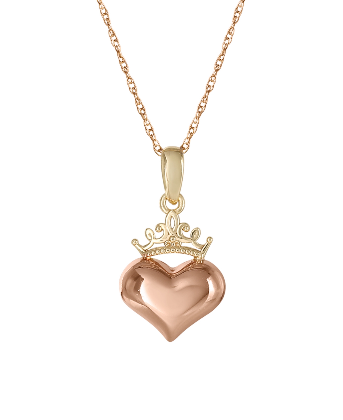 Children's Princess Heart & Crown 15" Pendant Necklace in 14k Yellow and Rose Gold - Gold
