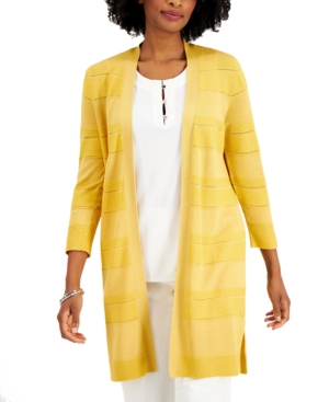 Kasper 3/4-Sleeve Striped Open-Front Cardigan