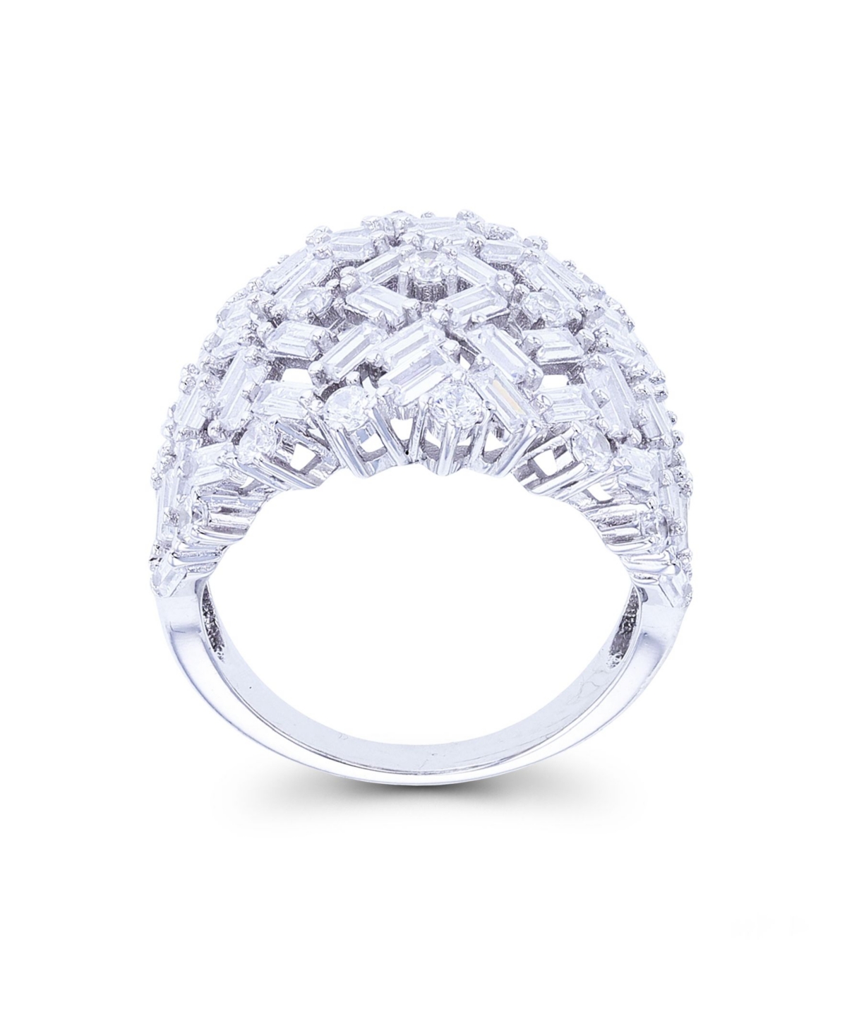 Cubic Zirconia Round and Baguette Cut Scattered Dome Ring - Rhodium Plated Sterling Silver with Whit