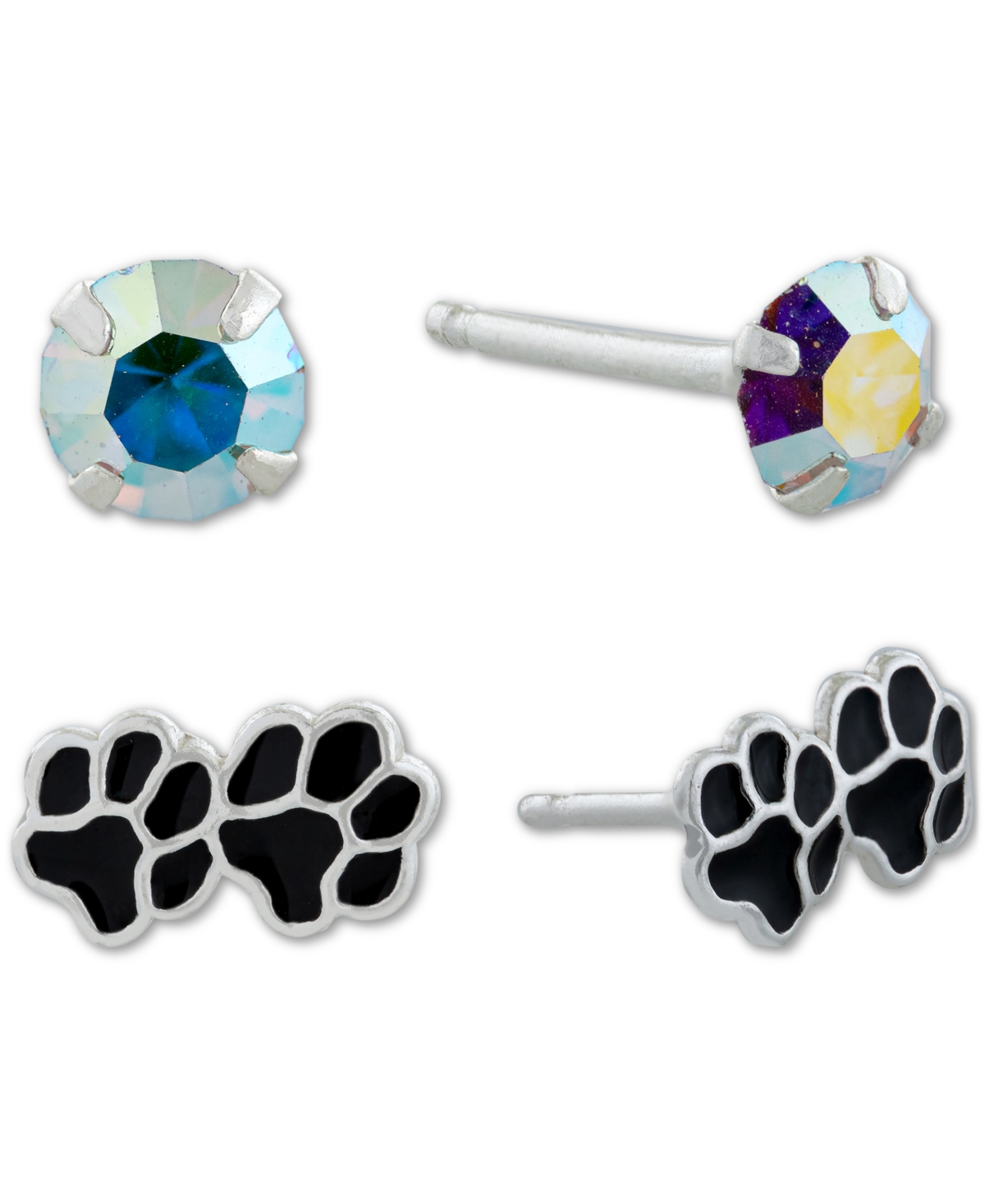 2-Pc. Set Crystal Solitaire & Pawprint Stud Earrings in Sterling Silver, Created for Macy's - Black/white