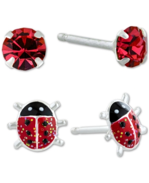 Giani Bernini 2-pc. Set Crystal Solitaire & Enamel Ladybug Stud Earrings In Sterling Silver, Created For Macy's In Multi