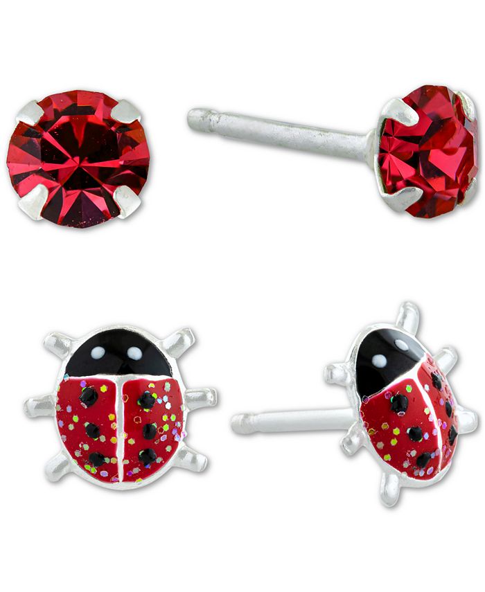 Giani Bernini - 2-Pc. Set Crystal Solitaire & Enamel Ladybug Stud Earrings in Sterling Silver