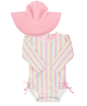 RuffleButts Baby Girls Ruffled 1-Piece Rash Guard Swim Hat Set