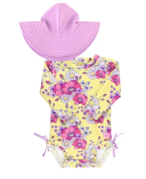 RuffleButts Baby Girls Ruffled 1-Piece Rash Guard Swim Hat Set