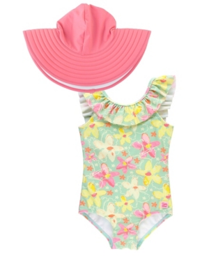 RuffleButts Baby Girls Ruffled 1-Piece Swim Hat Set