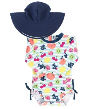 RuffleButts Baby Girls Ruffled 1-Piece Rash Guard Swim Hat Set