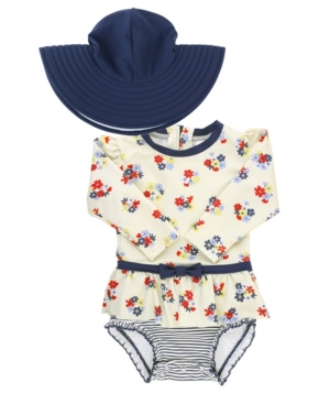 RuffleButts Baby Girls Skirted 1-Piece Rash Guard Swim Hat Set