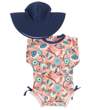 RuffleButts Baby Girls Ruffled 1-Piece Rash Guard Swim Hat Set