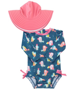 RuffleButts Baby Girls Ruffled 1-Piece Rash Guard Swim Hat Set