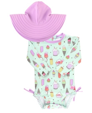RuffleButts Baby Girls Ruffled 1-Piece Rash Guard Swim Hat Set
