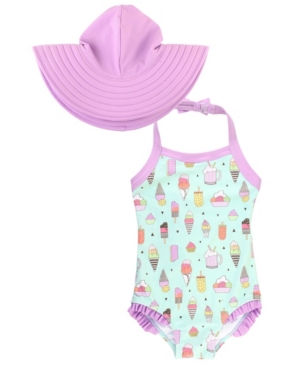 RuffleButts Baby Girls Halter 1-Piece Swim Hat Set