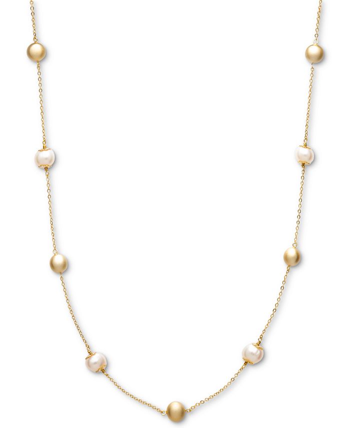 Macy's Cultured Freshwater Pearl (8mm) and Bead Station Necklace in 18k ...