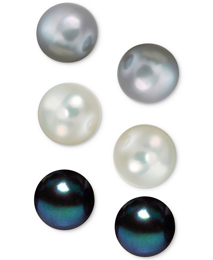 Macy's - Cultured Freshwater Pearl (8mm) 3 Stud Set in White, Grey & Peacock in Sterling Silver