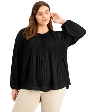 Alfani Plus Size Pleated Top, Created For Macy's In Deep Black