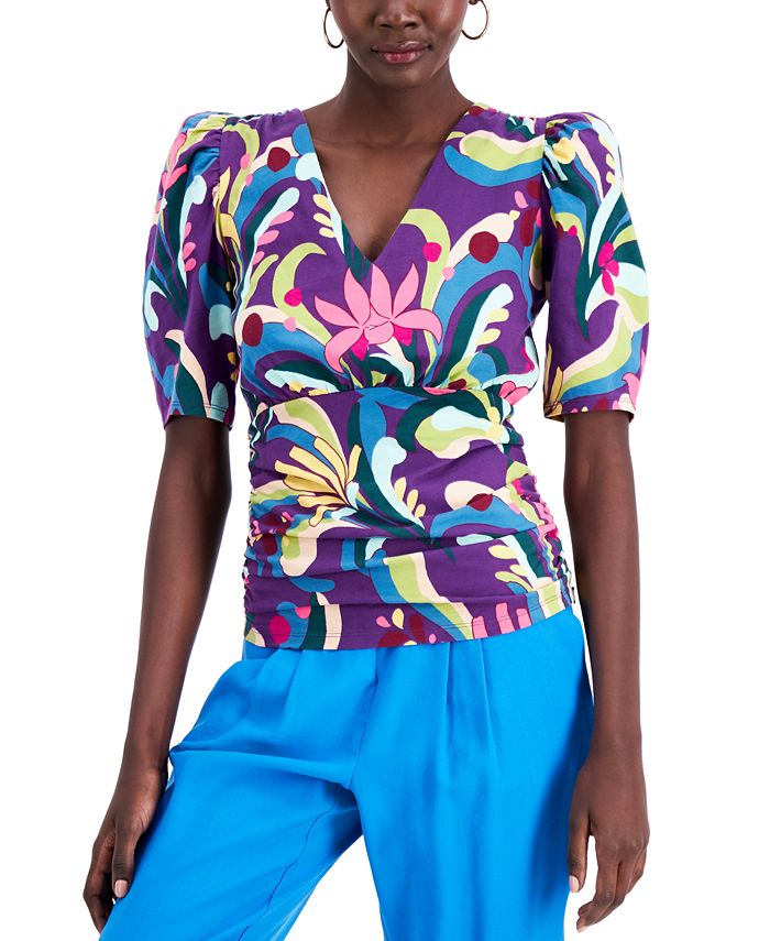 INC International Concepts Petite Printed Puff Sleeve Cotton Top