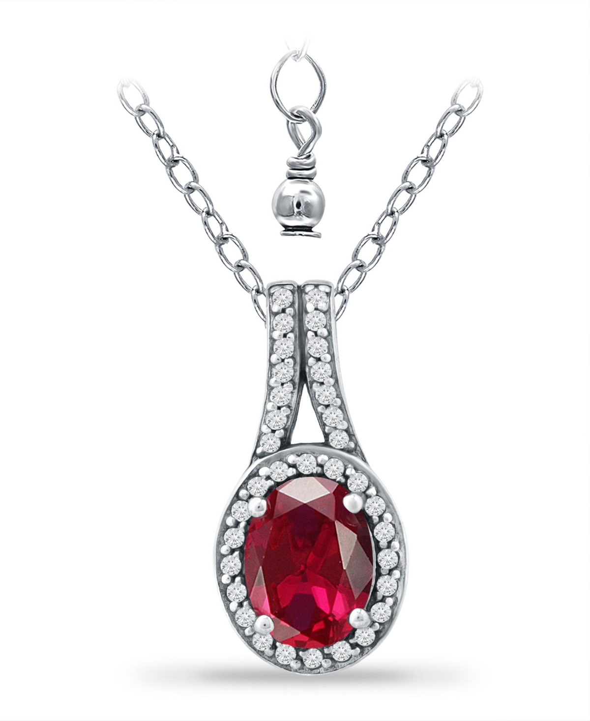 Created Ruby and Cubic Zirconia Halo Pendant - Sterling Silver, Bright Red