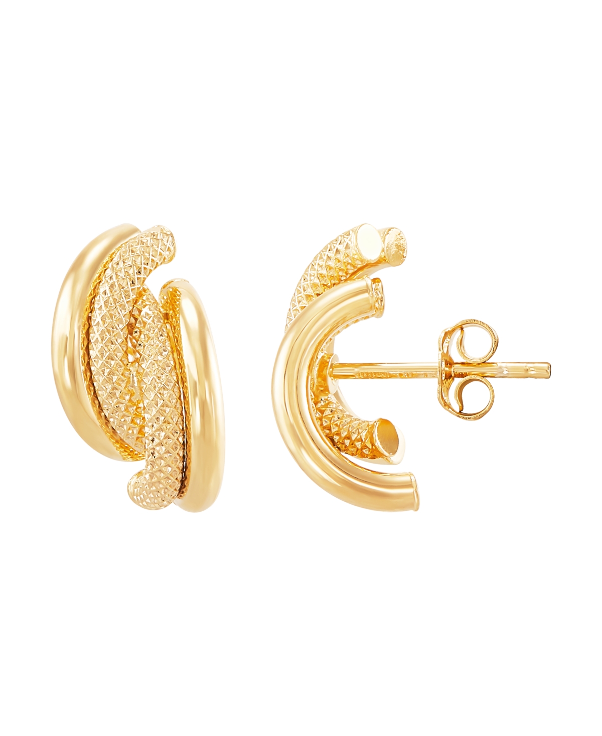 Italian Gold Polished Hollow 4 Row Curve J Hoop Stud Earrings in 10K Yellow Gold
